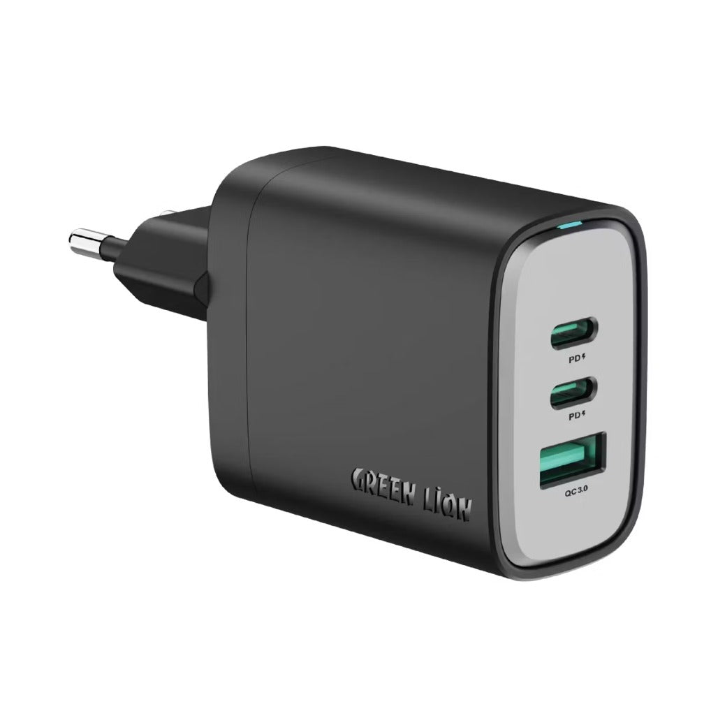 A Photo Of Green Lion Wall Charger Supra GNS65W2CAEUBK - 65W GaN, USB-A & 2 USB-C, Black