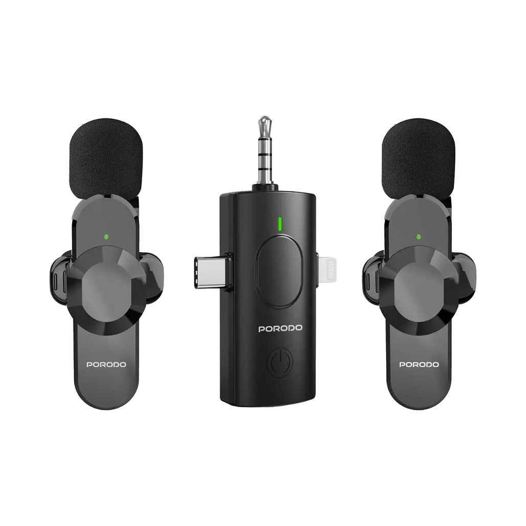 A Photo Of Porodo Lavalier Microphone Audix Elite 3-in-1 - Type-C/Lightning/3.5mm, Black