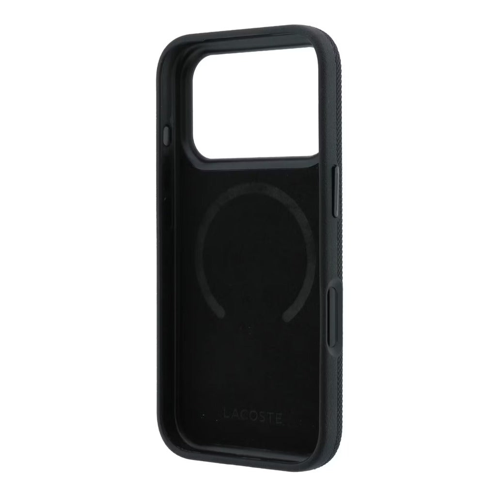A Photo Of Lacoste iPhone 18 Pro Max/17 Pro Max Black MagSafe Case with Iconic Petit Pique Hard Case & 360° Rotating Ring Stand