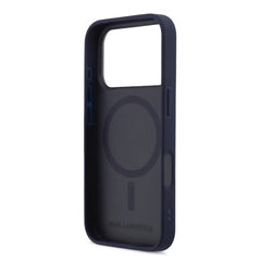 A Photo Of Karl Lagerfeld iPhone 18 Pro Max MagSafe Dark Blue Grained PU Hard Cover with Karl & Choupette Heads