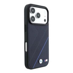 A Photo Of BMW Magsafe iPhone 18 Pro Max Midnight Blue PU Textured Tire Track & Line Pattern with Metal Logo