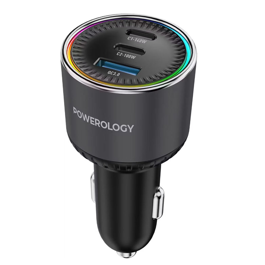 A Photo Of Powerology ÉLAN 240W Dual USB-C & USB-A Car Charger, PPS Support, RGB Light, Smart Power Distribution - Gray
