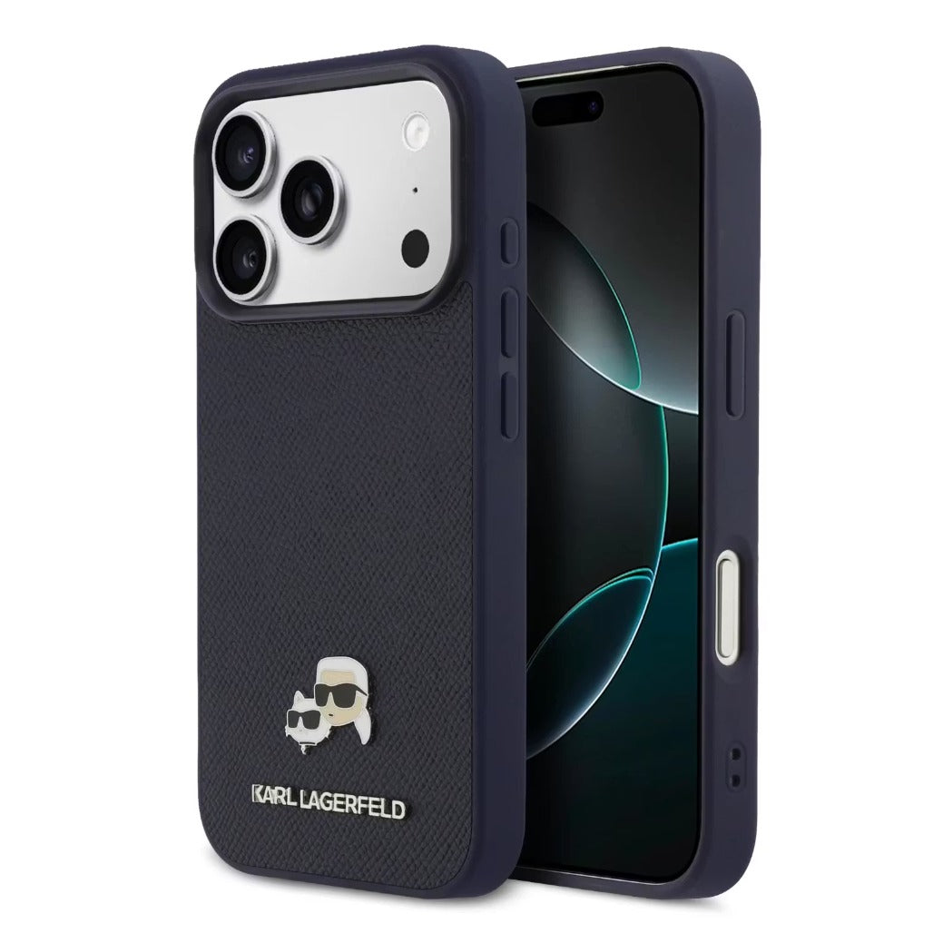 A Photo Of Karl Lagerfeld iPhone 18 Pro Max MagSafe Dark Blue Grained PU Hard Cover with Karl & Choupette Heads