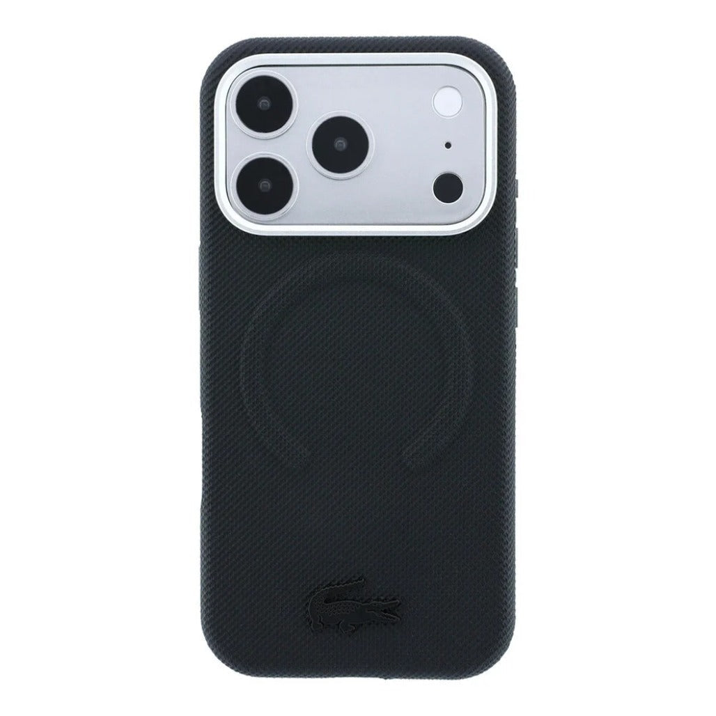 A Photo Of Lacoste MagSafe Black PU Leather Hard Case for iPhone 18 Pro/18 Pro Max with Petit Pique Embossed