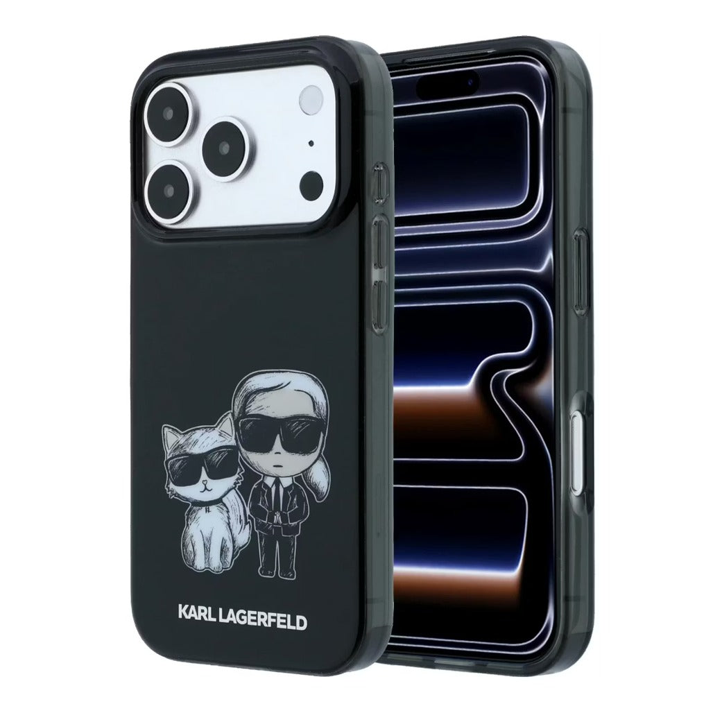 A Photo Of Karl Lagerfeld MagSafe iPhone 18 Pro Black IML Karl & Choupette Sketch Case