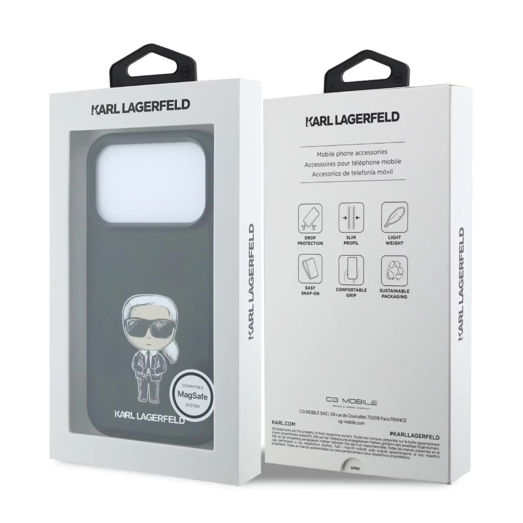 A Photo Of Karl Lagerfeld MagSafe iPhone 18 Pro Black Smooth PU Ikonik Sketch Hard Cover