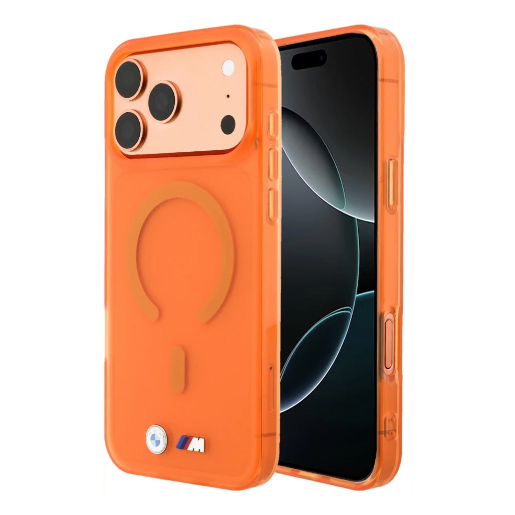 A Photo Of BMW MagSafe iPhone 18 Pro Max Orange IML Frosted Hard Cover with Metal Logos