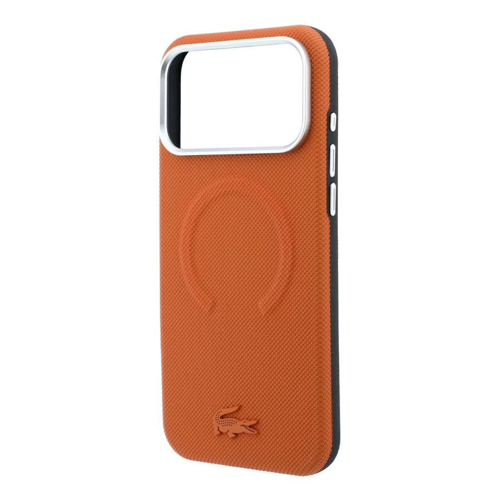 A Photo Of Lacoste MagSafe Orange PU Leather Hard Case for iPhone 18 Pro/18 Pro Max with Petit Pique Embossed