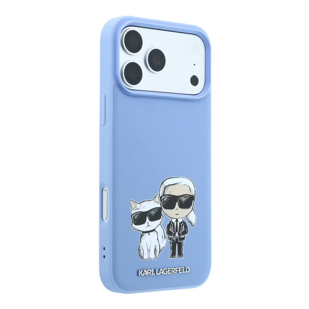 A Photo Of Karl Lagerfeld iPhone 18 Pro/18 Pro Max MagSafe Blue Smooth PU Karl & Choupette Bodies Sketch Hard Cover