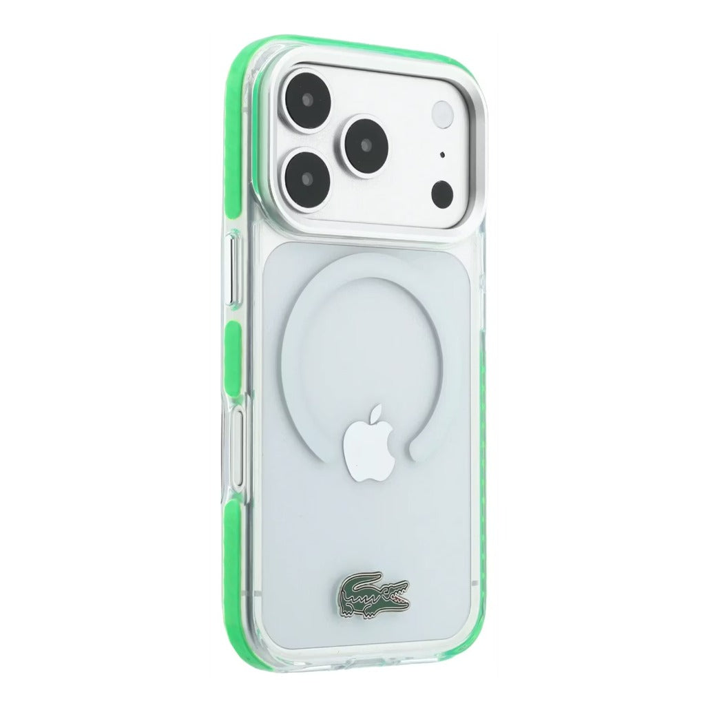 A Photo Of Lacoste MagSafe IML Transparent Hard Case with Green Shockproof Edges for iPhone 18 Pro/18 Pro Max