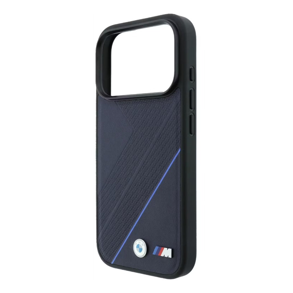 A Photo Of BMW Magsafe iPhone 18 Pro Max Midnight Blue PU Textured Tire Track & Line Pattern with Metal Logo