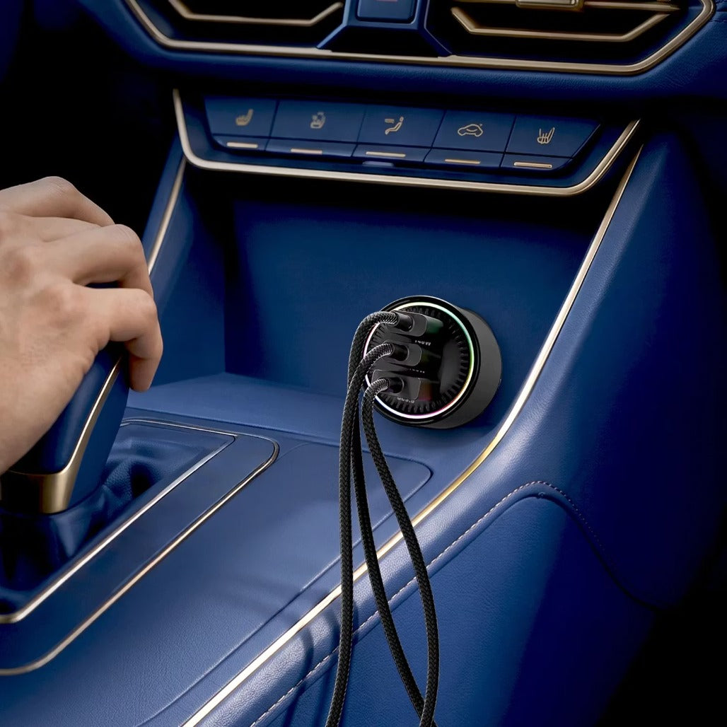 A Photo Of Powerology ÉLAN 240W Dual USB-C & USB-A Car Charger, PPS Support, RGB Light, Smart Power Distribution - Gray