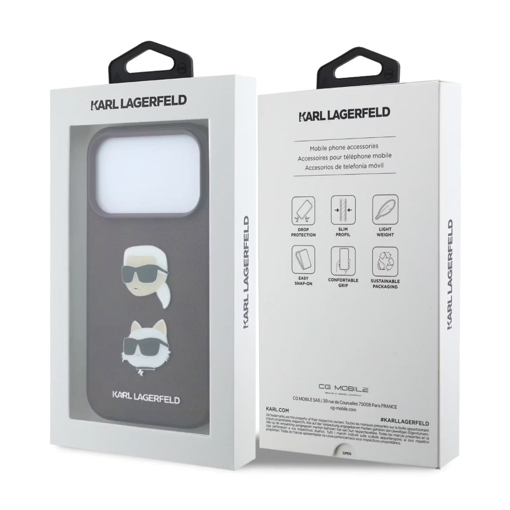 A Photo Of Karl Lagerfeld iPhone 18 Pro Max Saffiano PU Hard Burgundy with Karl & Choupette Heads Pins & Logo