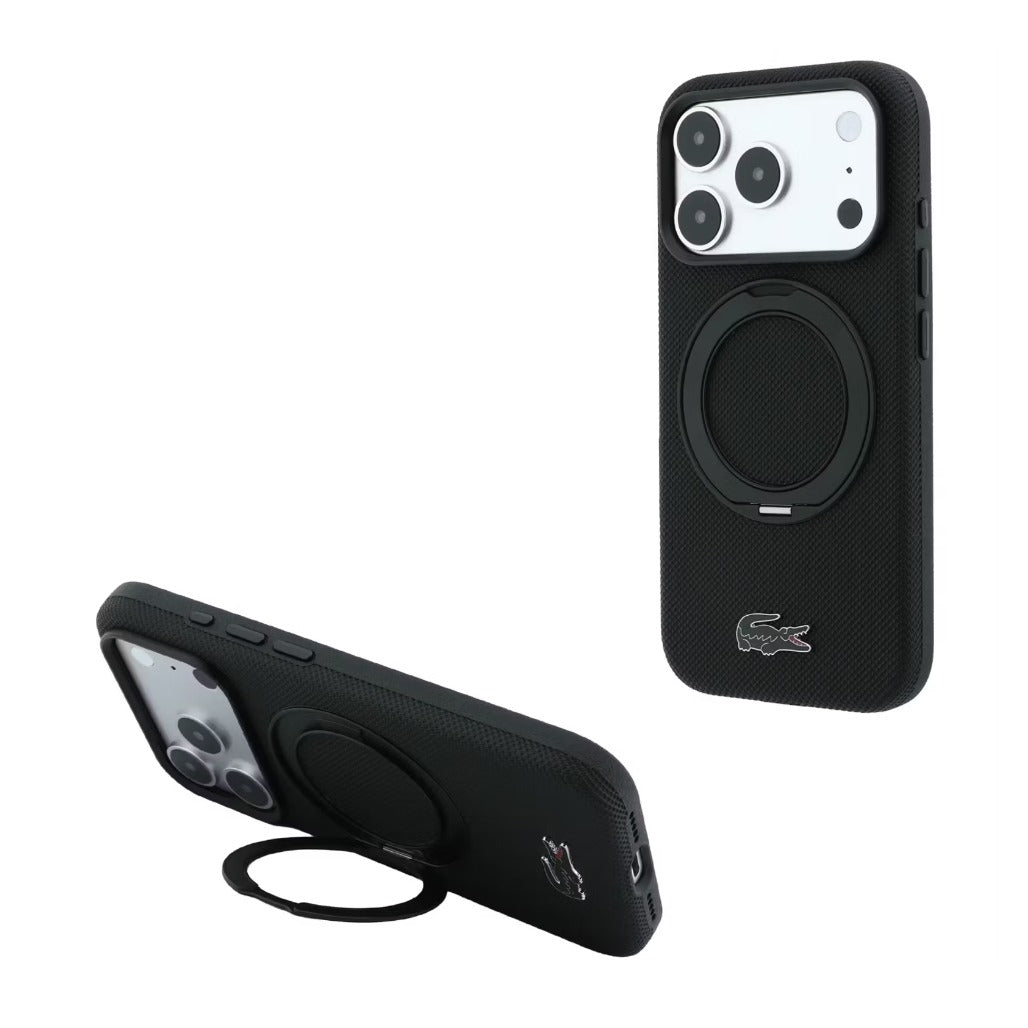 A Photo Of Lacoste iPhone 18 Pro Max/17 Pro Max Black MagSafe Case with Iconic Petit Pique Hard Case & 360° Rotating Ring Stand