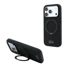 A Photo Of Lacoste iPhone 18 Pro Max/17 Pro Max Black MagSafe Case with Iconic Petit Pique Hard Case & 360° Rotating Ring Stand