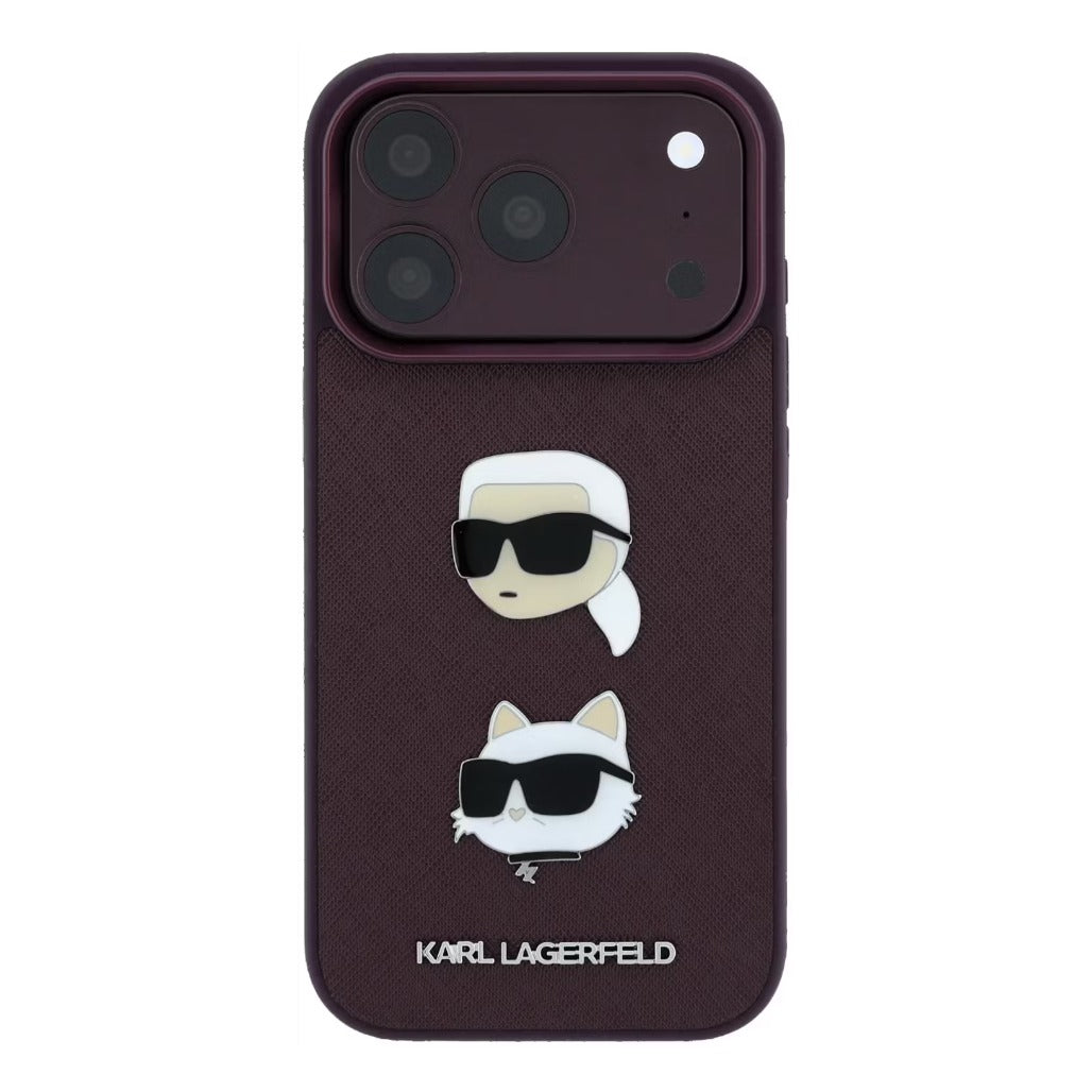 A Photo Of Karl Lagerfeld iPhone 18 Pro Max Saffiano PU Hard Burgundy with Karl & Choupette Heads Pins & Logo