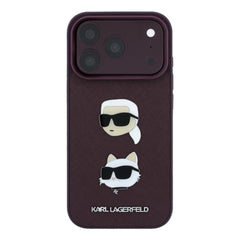 A Photo Of Karl Lagerfeld iPhone 18 Pro Max Saffiano PU Hard Burgundy with Karl & Choupette Heads Pins & Logo