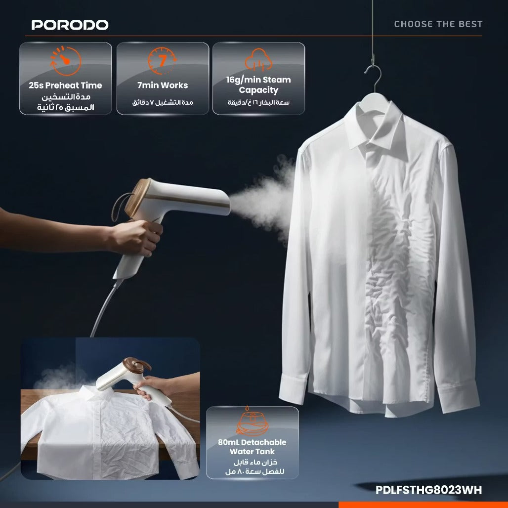 A Photo Of Porodo Handheld Steamer Thermia Mini PDLFSTHG8023WH - Compact, White