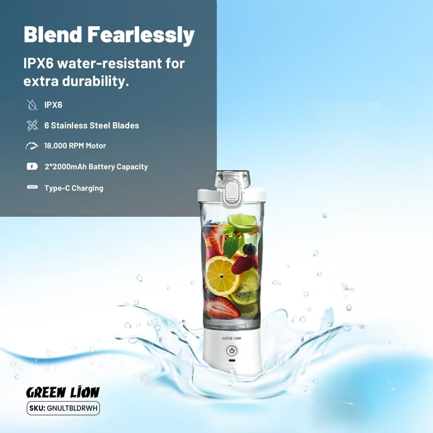 A Photo Of Green Lion Portable Blender GNULTBLDRWH - 240W, 600ml, White