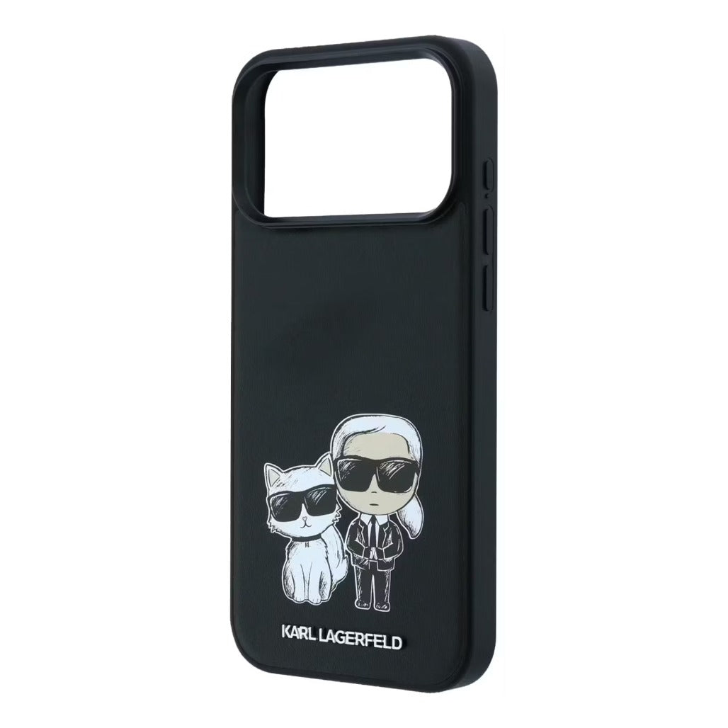 A Photo Of Karl Lagerfeld iPhone 18 Pro/18 Pro Max MagSafe Black Smooth PU Karl & Choupette Bodies Sketch Hard Cover