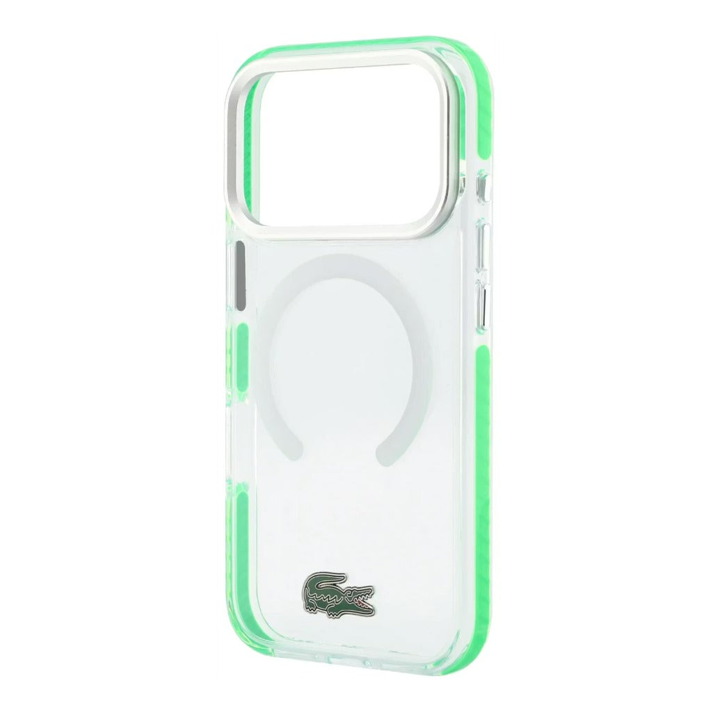A Photo Of Lacoste MagSafe IML Transparent Hard Case with Green Shockproof Edges for iPhone 18 Pro/18 Pro Max