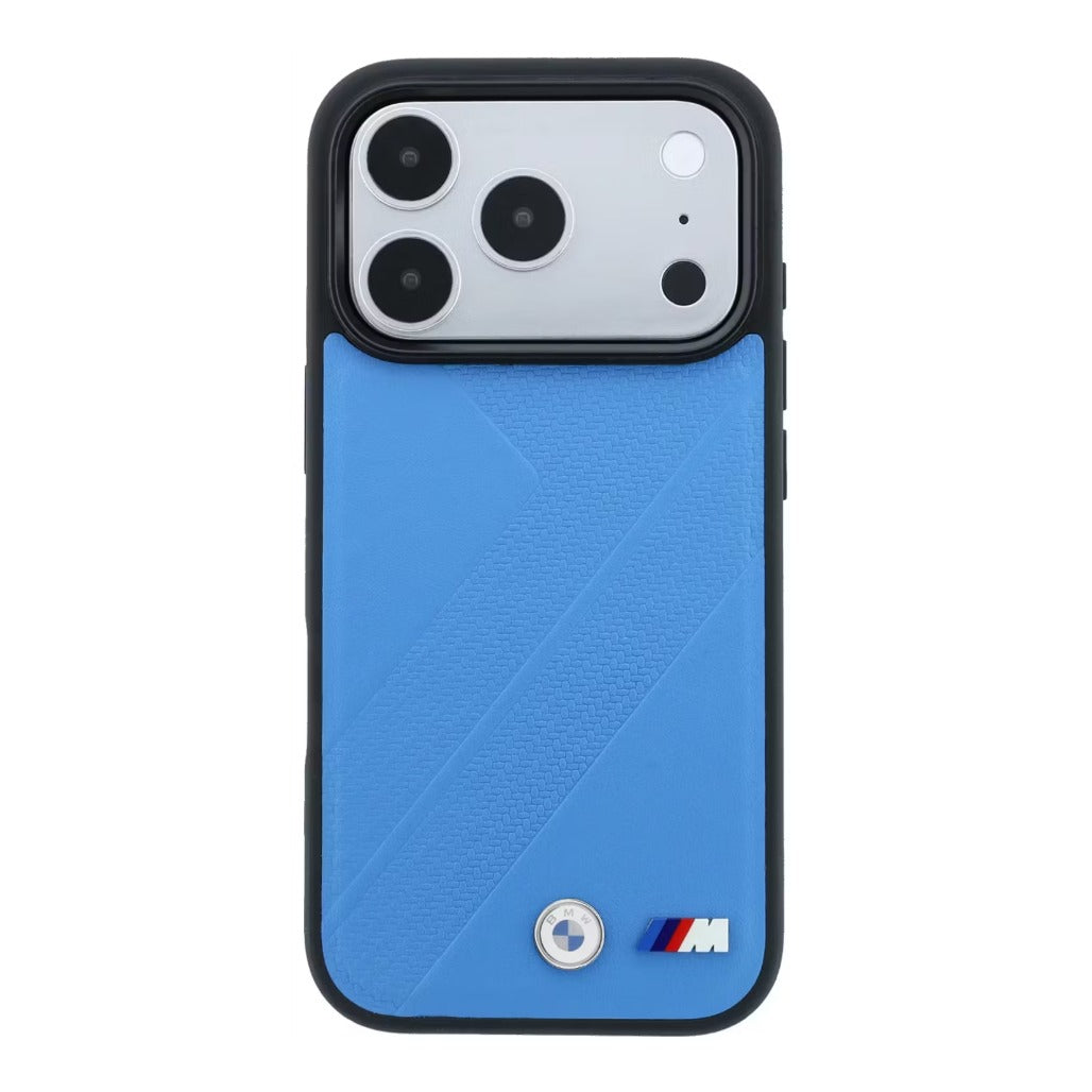 A Photo Of BMW iPhone 18 Pro/18 Pro Max MagSafe Blue PU Textured Tire Track Hard Cover with Metal Logos