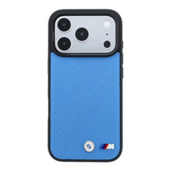 A Photo Of BMW iPhone 18 Pro/18 Pro Max MagSafe Blue PU Textured Tire Track Hard Cover with Metal Logos