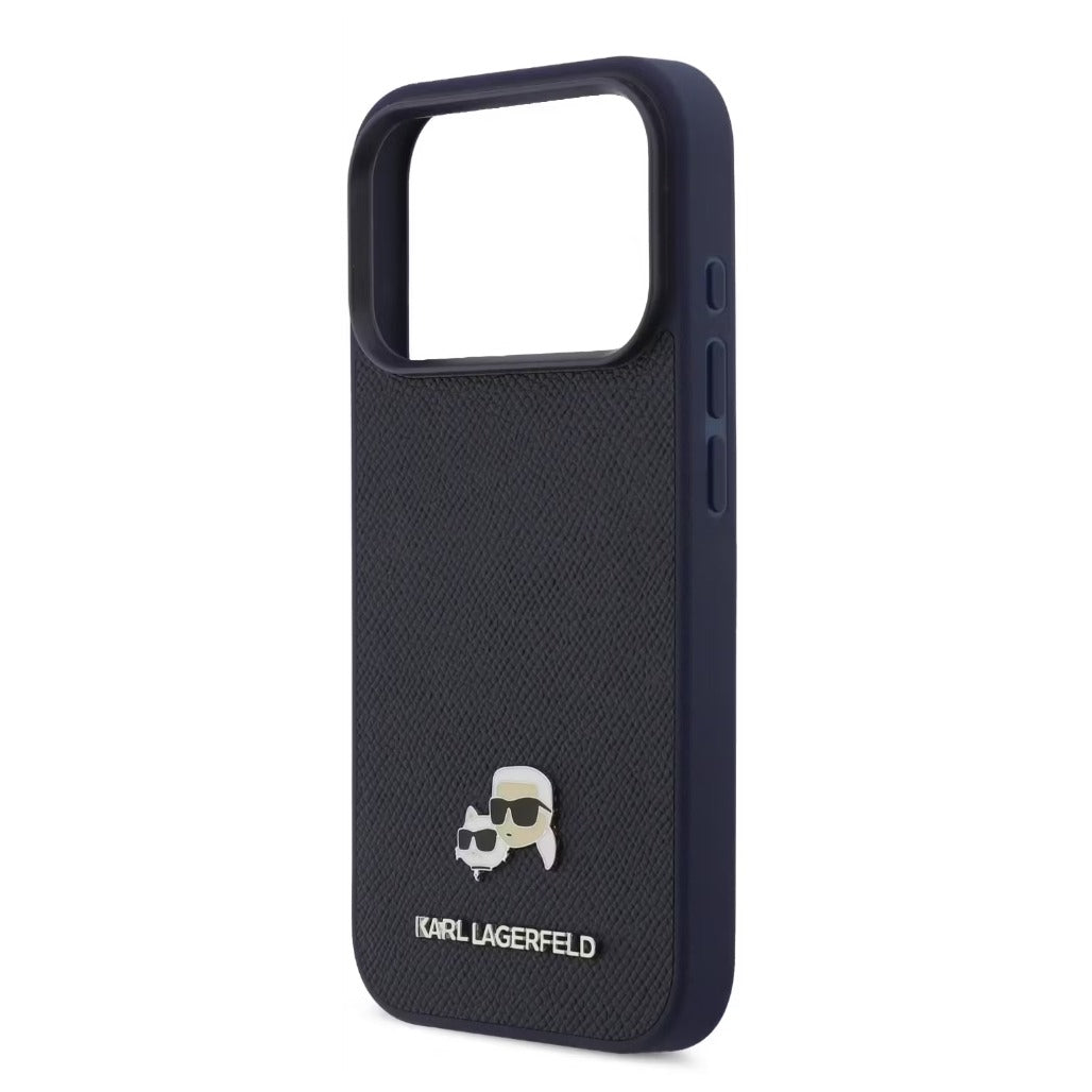 A Photo Of Karl Lagerfeld iPhone 18 Pro Max MagSafe Dark Blue Grained PU Hard Cover with Karl & Choupette Heads
