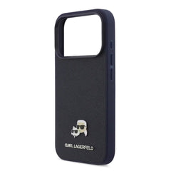 A Photo Of Karl Lagerfeld iPhone 18 Pro Max MagSafe Dark Blue Grained PU Hard Cover with Karl & Choupette Heads