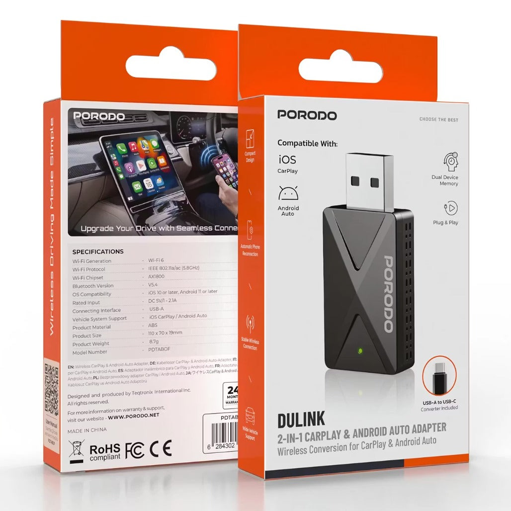 A Photo Of Porodo DULINK Wireless CarPlay & Android Auto Adapter, WiFi 6, Dual Device Memory - Black
