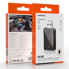 A Photo Of Porodo DULINK Wireless CarPlay & Android Auto Adapter, WiFi 6, Dual Device Memory - Black