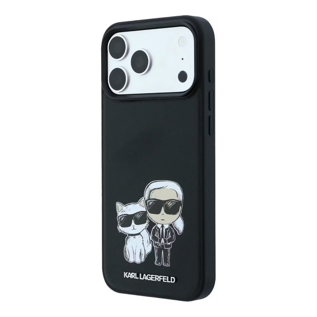 A Photo Of Karl Lagerfeld iPhone 18 Pro/18 Pro Max MagSafe Black Smooth PU Karl & Choupette Bodies Sketch Hard Cover