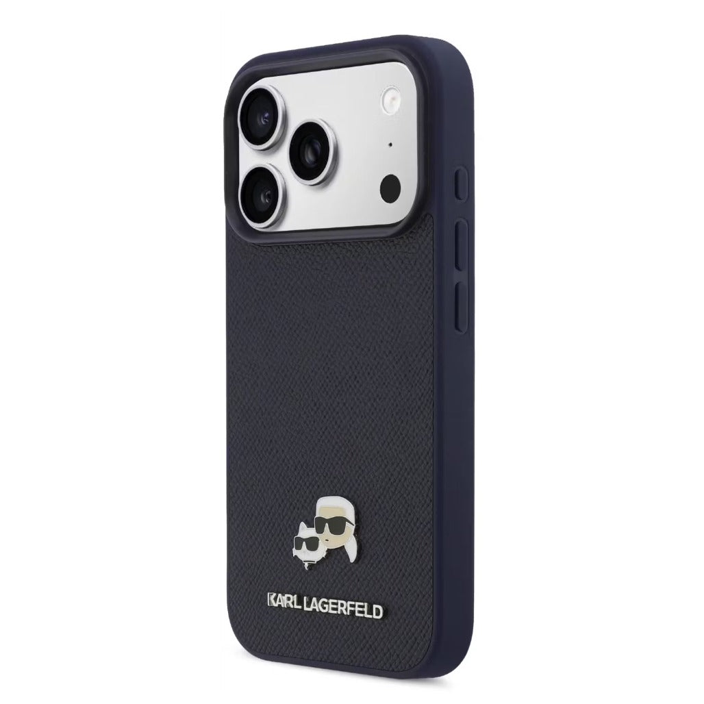 A Photo Of Karl Lagerfeld iPhone 18 Pro Max MagSafe Dark Blue Grained PU Hard Cover with Karl & Choupette Heads