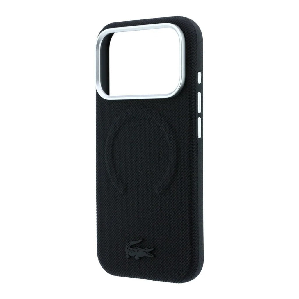 A Photo Of Lacoste MagSafe Black PU Leather Hard Case for iPhone 18 Pro/18 Pro Max with Petit Pique Embossed
