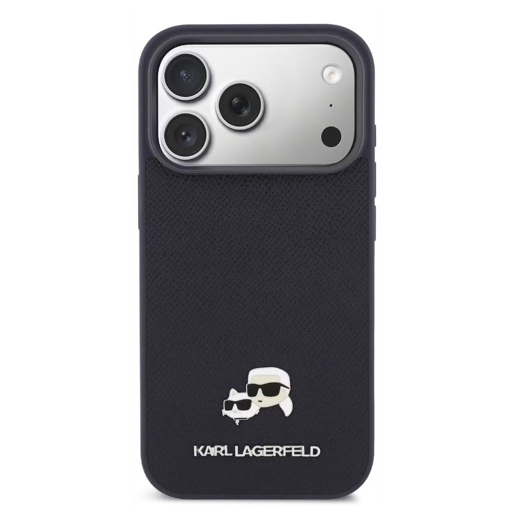 A Photo Of Karl Lagerfeld iPhone 18 Pro Max MagSafe Dark Blue Grained PU Hard Cover with Karl & Choupette Heads