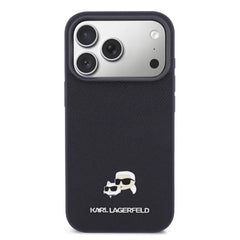 A Photo Of Karl Lagerfeld iPhone 18 Pro Max MagSafe Dark Blue Grained PU Hard Cover with Karl & Choupette Heads