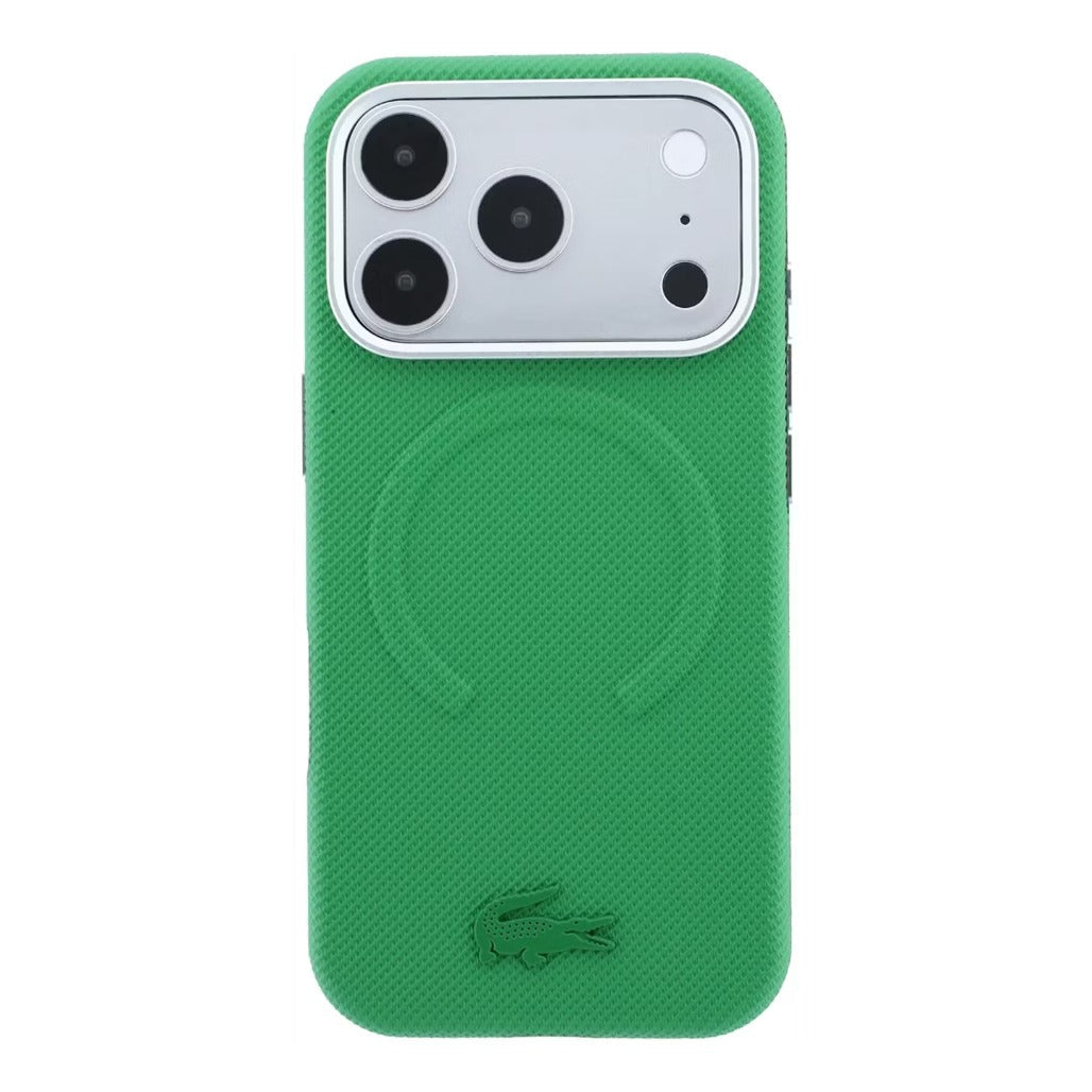 A Photo Of Lacoste MagSafe Green PU Leather Hard Case for iPhone 18 Pro/18 Pro Max with Petit Pique Embossed
