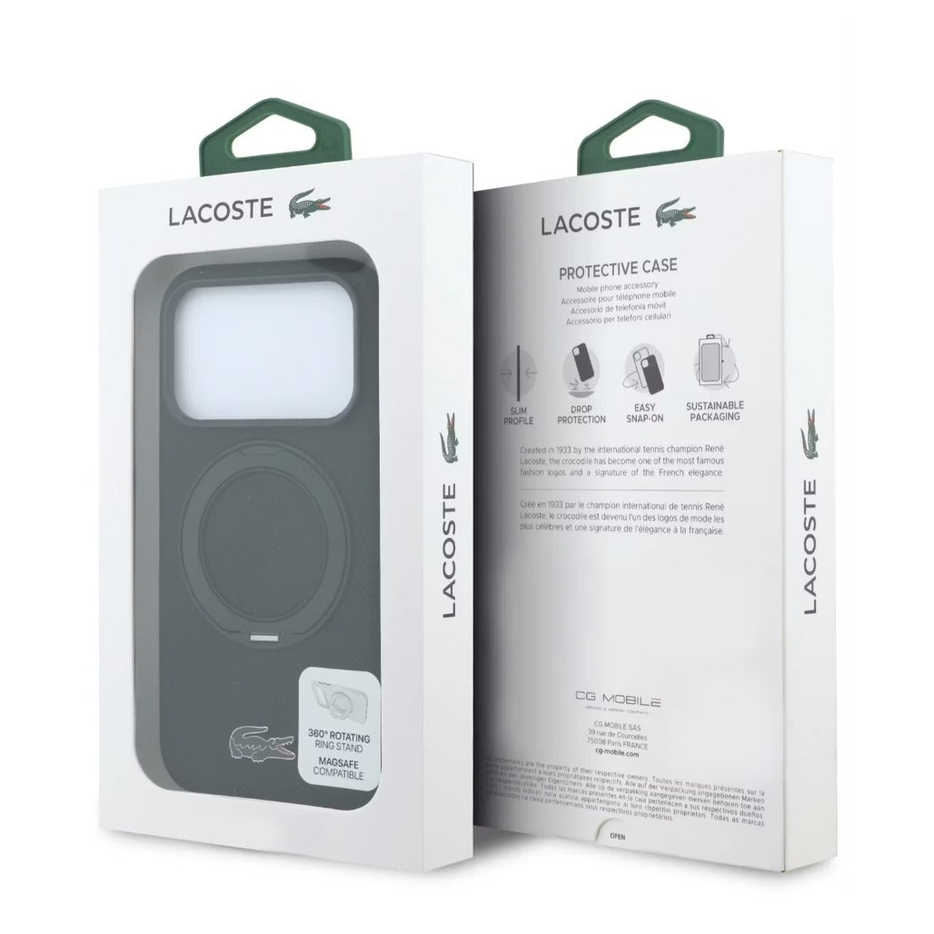 A Photo Of Lacoste iPhone 18 Pro Max/17 Pro Max Black MagSafe Case with Iconic Petit Pique Hard Case & 360° Rotating Ring Stand