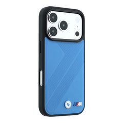 A Photo Of BMW iPhone 18 Pro/18 Pro Max MagSafe Blue PU Textured Tire Track Hard Cover with Metal Logos