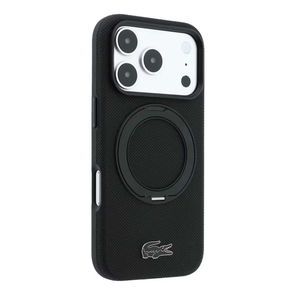 A Photo Of Lacoste iPhone 18 Pro Max/17 Pro Max Black MagSafe Case with Iconic Petit Pique Hard Case & 360° Rotating Ring Stand