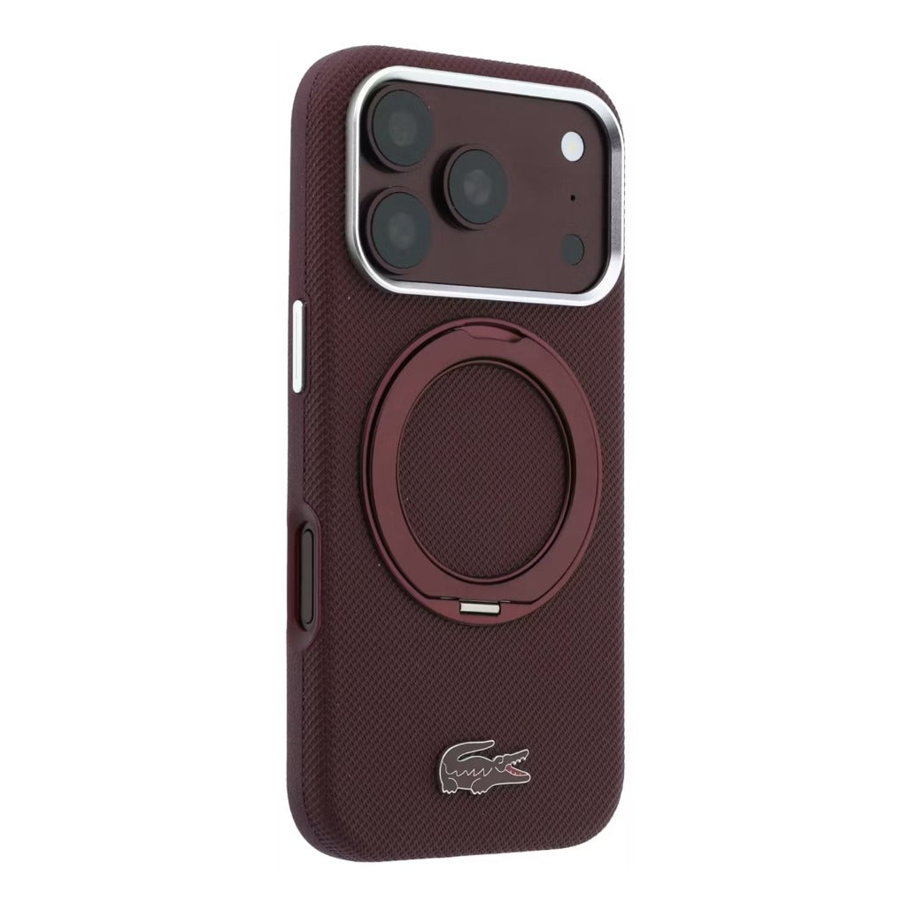 A Photo Of Lacoste iPhone 18 Pro/18 Pro Max Burgundy MagSafe Case with Iconic Petit Pique Hard Case & 360° Rotating Ring Stand