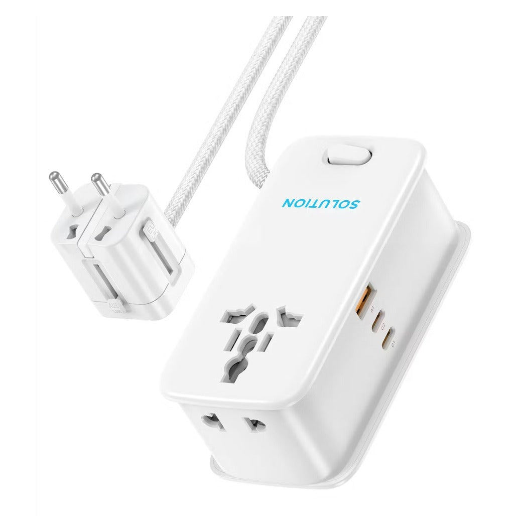 A Photo Of Powerology SOLUTION 30W GaN Charger, Universal Multi-Port Adapter, Global Multi-Plug - White