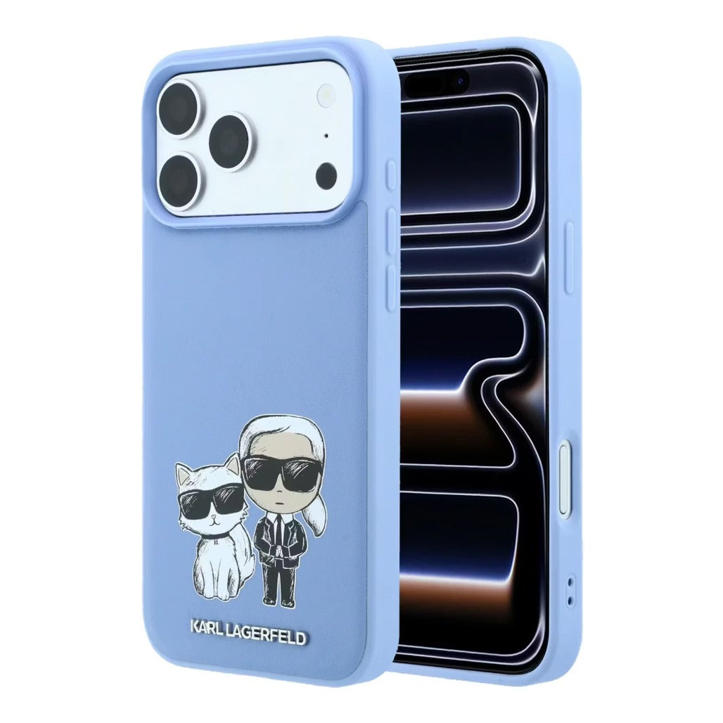 A Photo Of Karl Lagerfeld iPhone 18 Pro/18 Pro Max MagSafe Blue Smooth PU Karl & Choupette Bodies Sketch Hard Cover