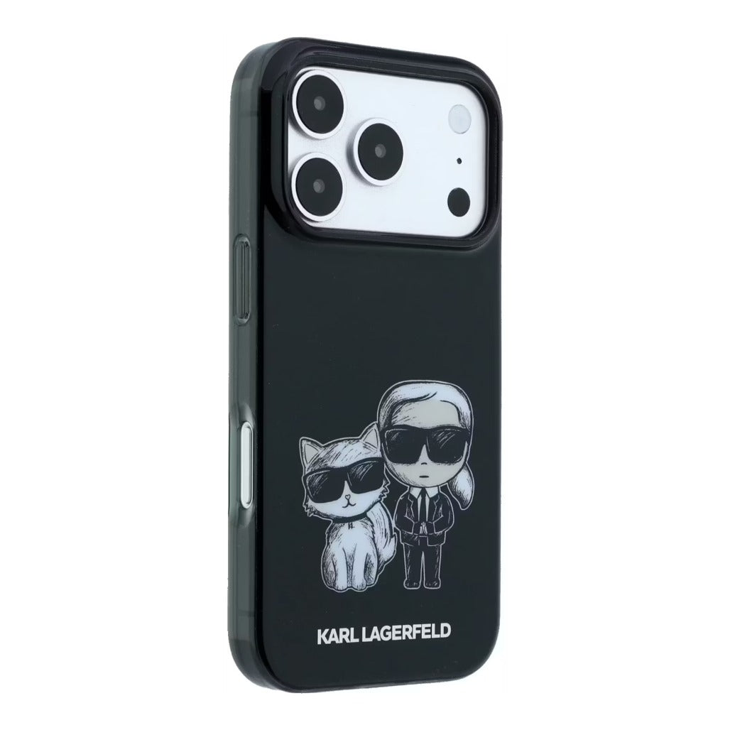 A Photo Of Karl Lagerfeld MagSafe iPhone 18 Pro Black IML Karl & Choupette Sketch Case