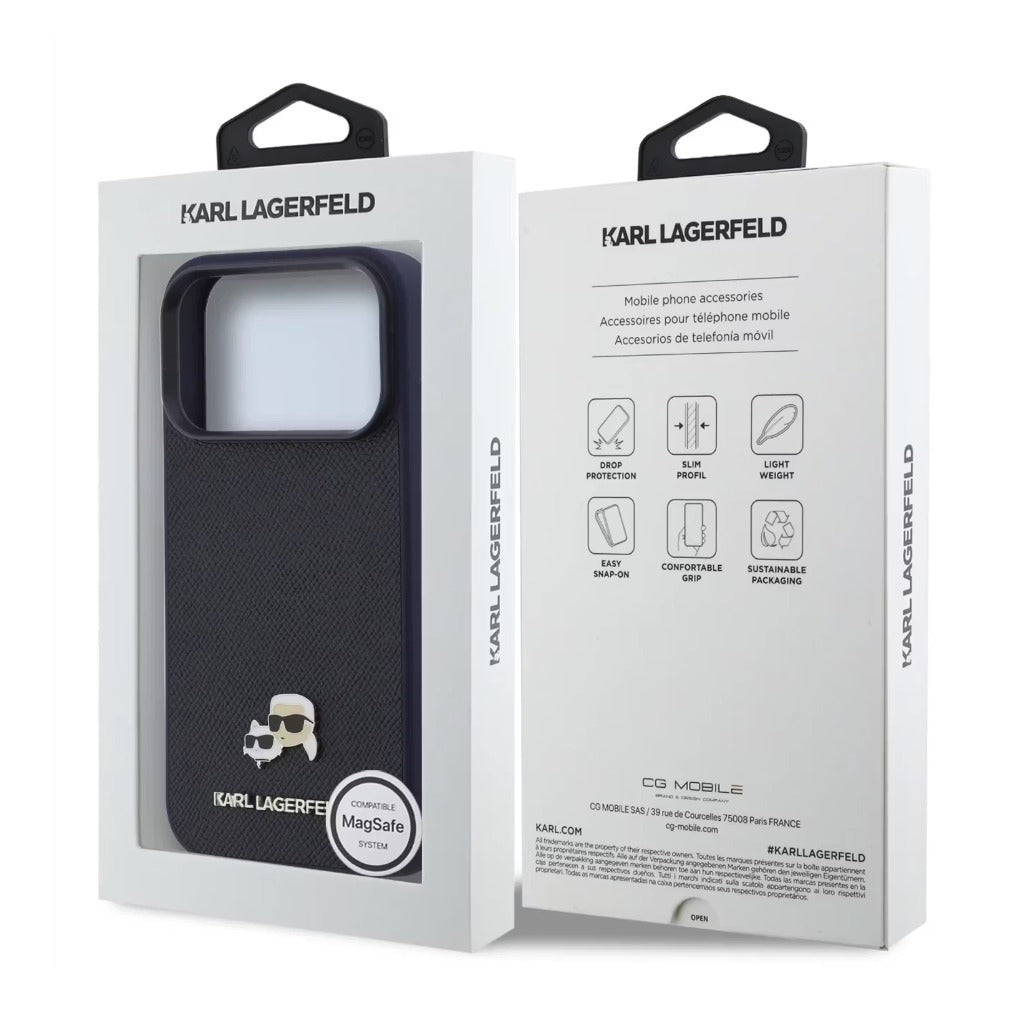 A Photo Of Karl Lagerfeld iPhone 18 Pro Max MagSafe Dark Blue Grained PU Hard Cover with Karl & Choupette Heads
