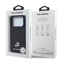 A Photo Of Karl Lagerfeld iPhone 18 Pro Max MagSafe Dark Blue Grained PU Hard Cover with Karl & Choupette Heads