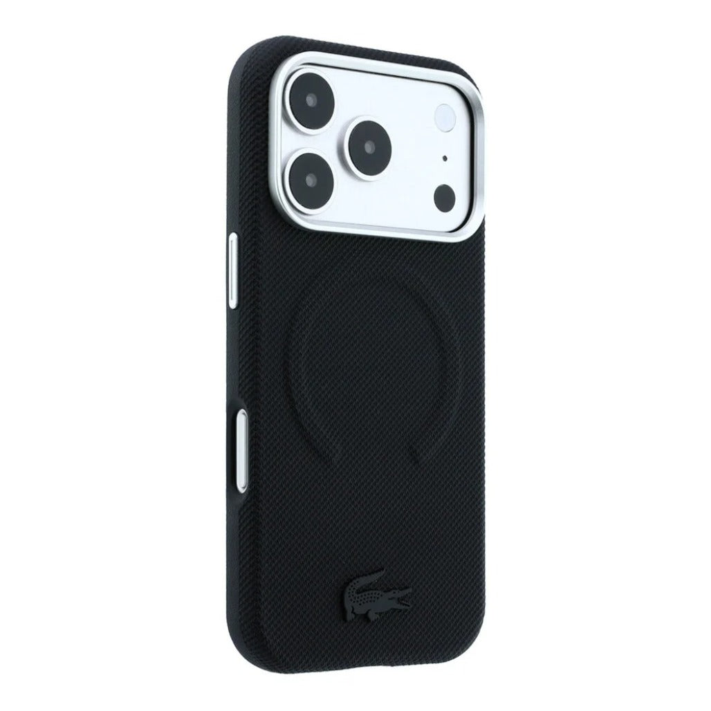 A Photo Of Lacoste MagSafe Black PU Leather Hard Case for iPhone 18 Pro/18 Pro Max with Petit Pique Embossed