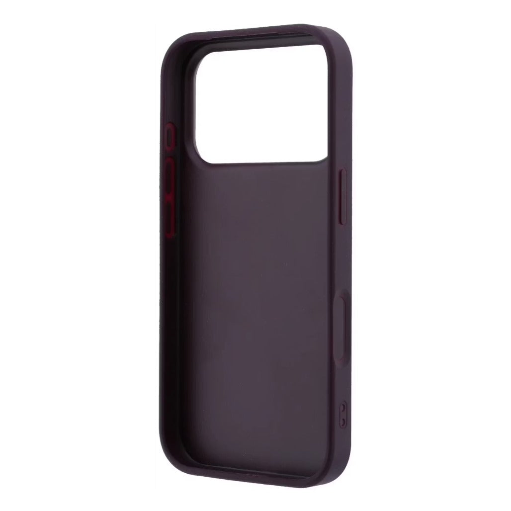 A Photo Of Karl Lagerfeld iPhone 18 Pro Max Saffiano PU Hard Burgundy with Karl & Choupette Heads Pins & Logo