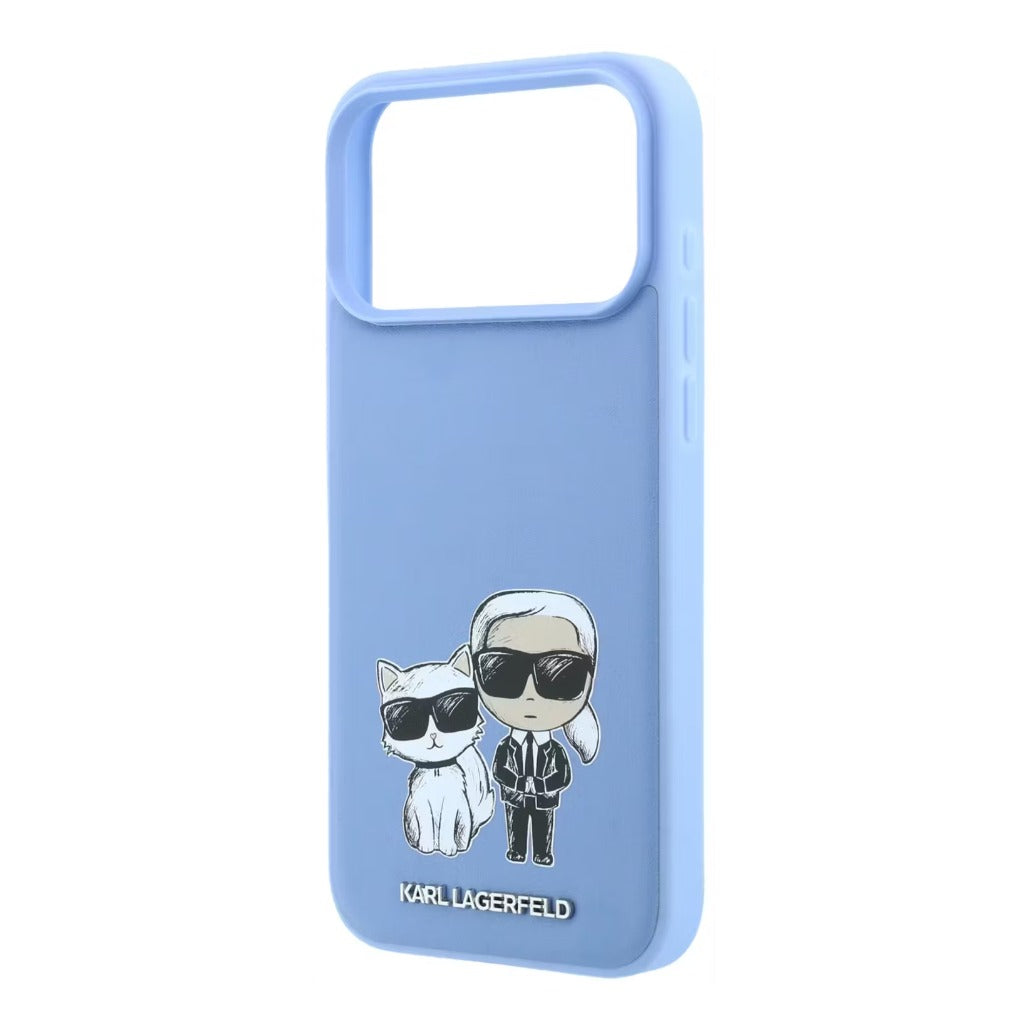 A Photo Of Karl Lagerfeld iPhone 18 Pro/18 Pro Max MagSafe Blue Smooth PU Karl & Choupette Bodies Sketch Hard Cover