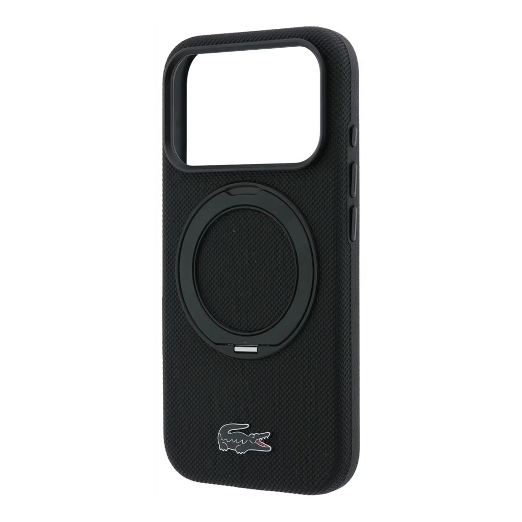 A Photo Of Lacoste iPhone 18 Pro Max/17 Pro Max Black MagSafe Case with Iconic Petit Pique Hard Case & 360° Rotating Ring Stand
